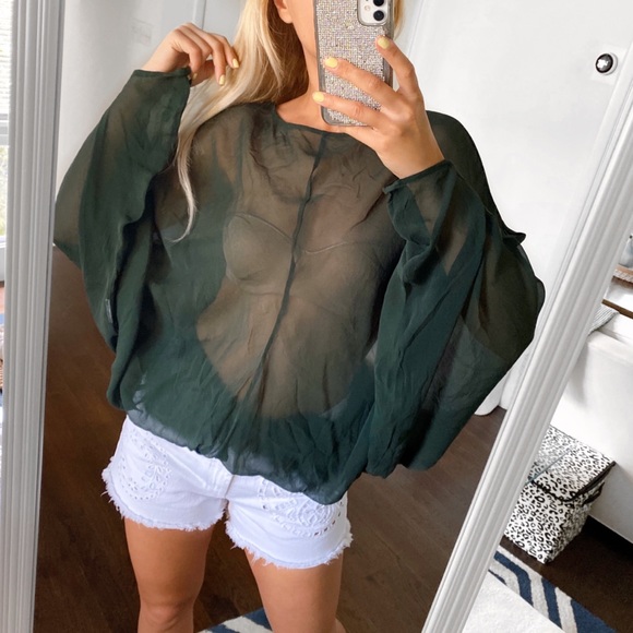 π² SEE BY CHLOE FOREST GREEN SHEER LOOSE BAGGY FIT SILK BLOUSE! - Picture 6 of 10